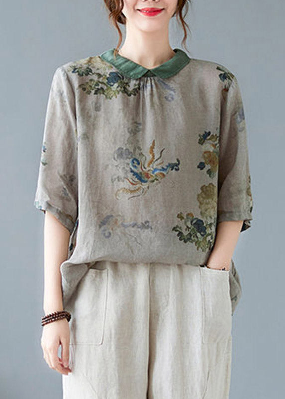 Casual Greyish Green Peter Pan Collar Button Shirts Half Sleeve