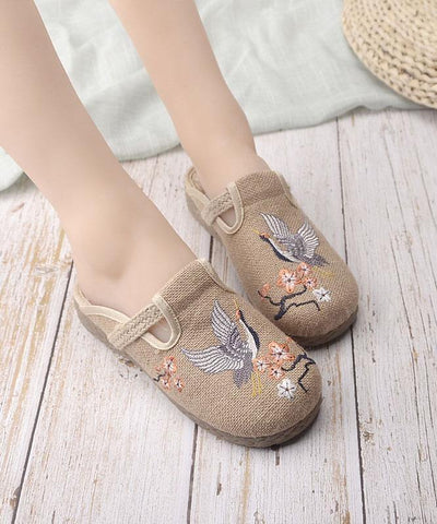 Casual Khaki Embroideried Linen Fabric Slippers Shoes - SooLinen