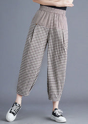 Casual Khaki Plaid Elastic Waist Patchwork Linen Harem Pants Summer