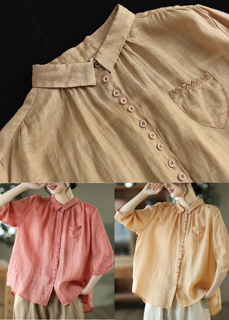 Casual Khaki Solid Button Pockets Linen Shirt Tops Half Sleeve