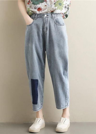 Casual Korean version of light blue pants loose wild nine points jeans elastic waist pants - SooLinen