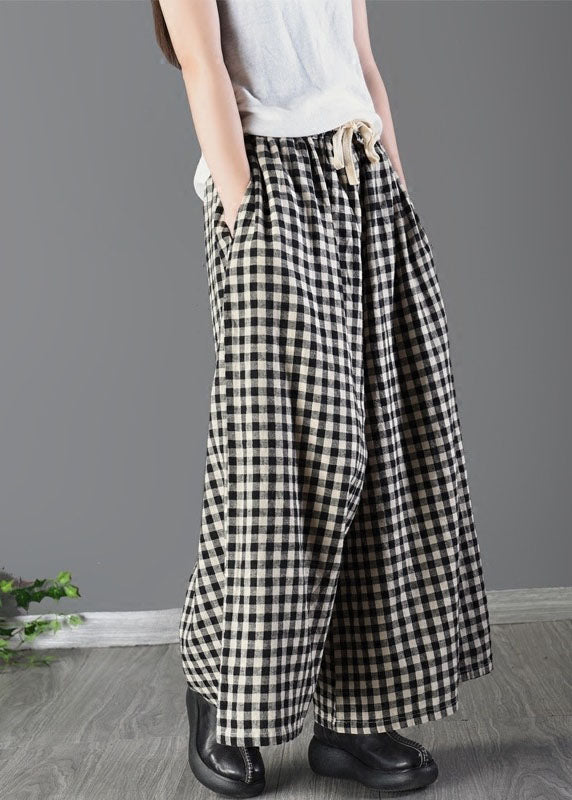 Casual Large Plaid Elastic Waist Linen Wide Leg Pants Summer