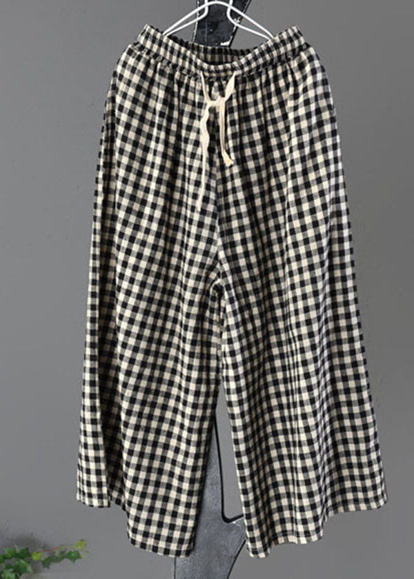 Casual Large Plaid Elastic Waist Linen Wide Leg Pants Summer