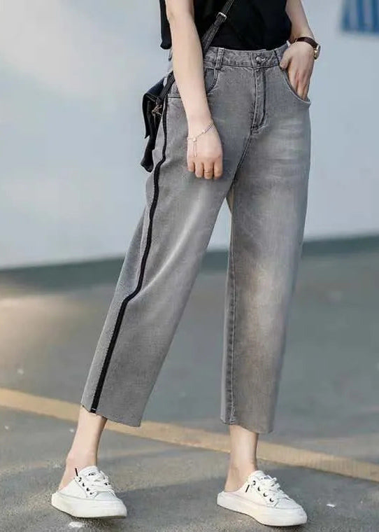 Casual Light Grey High Waist Pockets Cotton Harem Crop Pants Summer