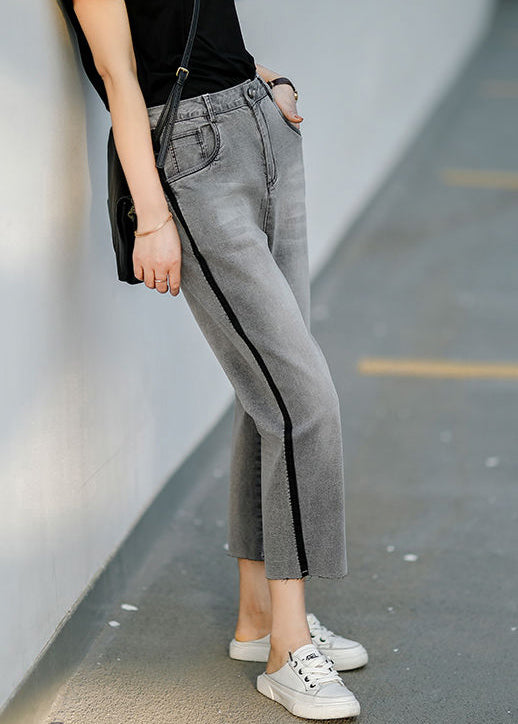 Casual Light Grey High Waist Pockets Cotton Harem Crop Pants Summer