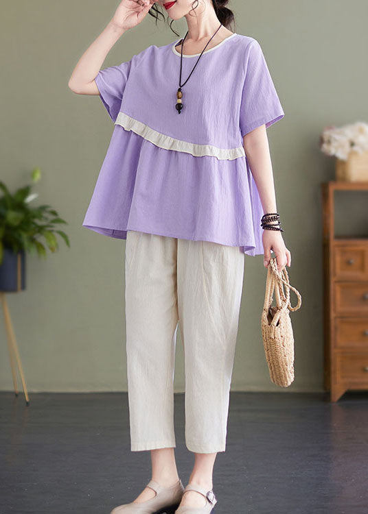 Casual Light Purple O-Neck Ruffled Patchwork Cotton Tops And Harem Pants Two Pieces Set Summer