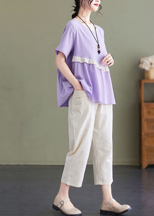 Casual Light Purple O-Neck Ruffled Patchwork Cotton Tops And Harem Pants Two Pieces Set Summer