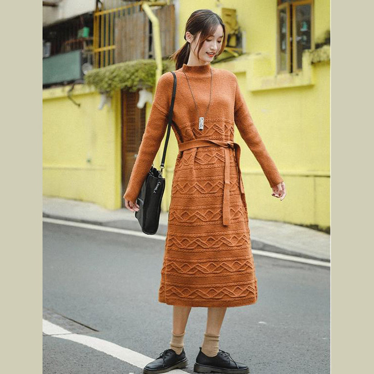 Casual Loose Orange Sweater DrawstringDresses Women Winter Clothes