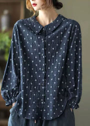 Casual Navy Button Peter Pan Collar dot Print Shirt Top lantern sleeve