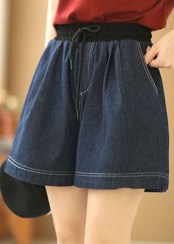 Casual Navy Elastic Waist Drawstring Pockets Patchwork Linen Denim Shorts Summer