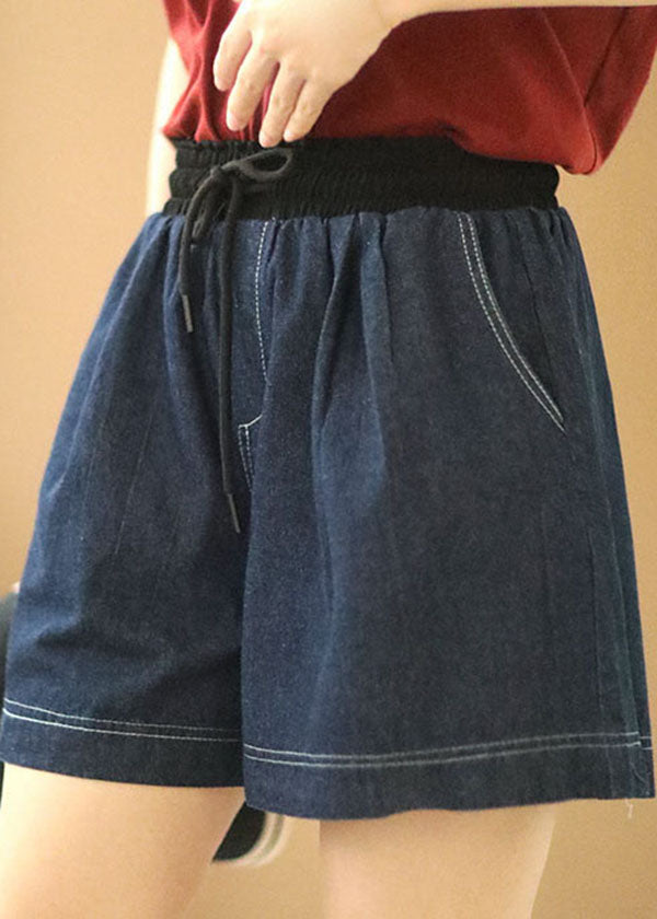 Casual Navy Elastic Waist Drawstring Pockets Patchwork Linen Denim Shorts Summer