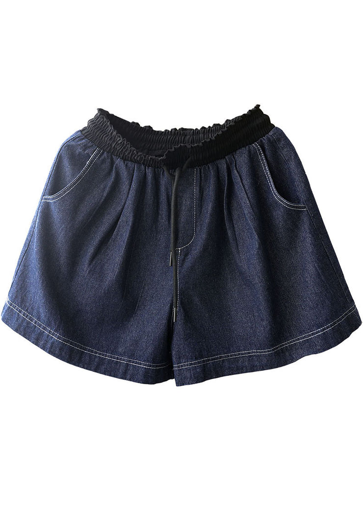 Casual Navy Elastic Waist Drawstring Pockets Patchwork Linen Denim Shorts Summer