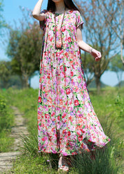 Casual O-Neck wrinkled print Long Dress Short Sleeve