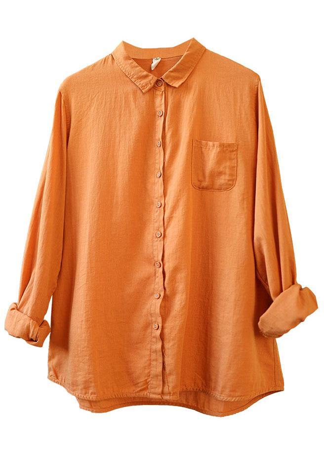 Casual Orange PeterPan Collar Button Pockets Fall Long Sleeve Blouse Top - SooLinen