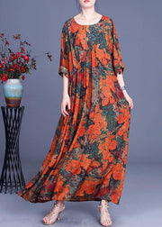 Casual Orange Print O-Neck Asymmetrical Design Summer Silk Cute Long Dresses - SooLinen