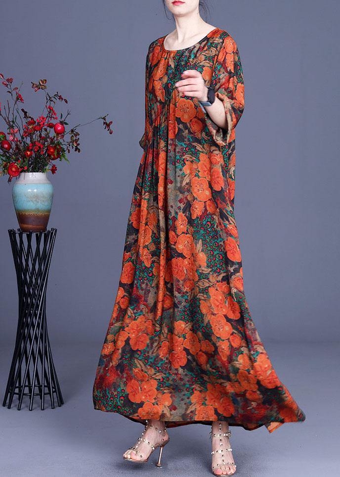 Casual Orange Print O-Neck Asymmetrical Design Summer Silk Cute Long Dresses - SooLinen