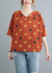 Casual Orange V Neck Dot drawstring Linen Tops Half Sleeve