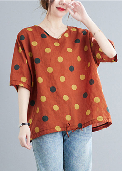 Casual Orange V Neck Dot drawstring Linen Tops Half Sleeve