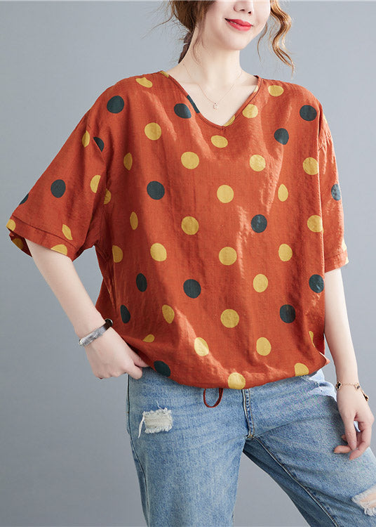 Casual Orange V Neck Dot drawstring Linen Tops Half Sleeve