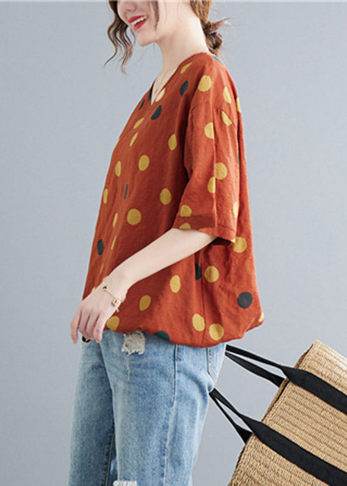 Casual Orange V Neck Dot drawstring Linen Tops Half Sleeve