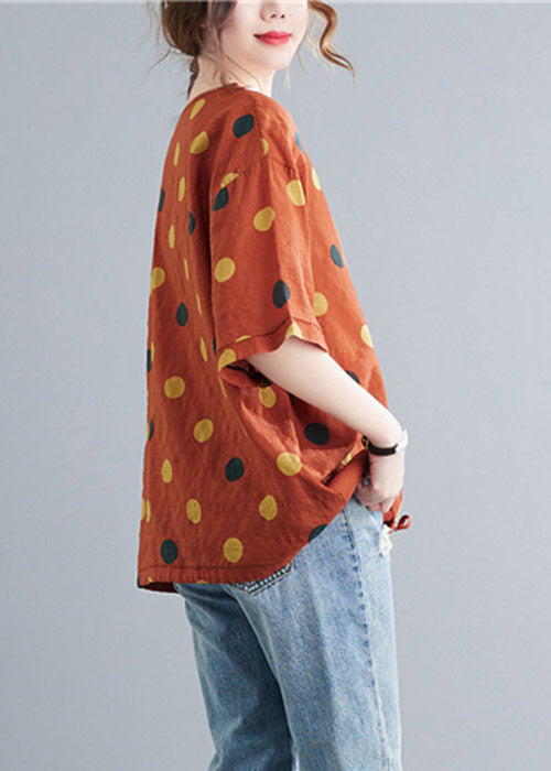 Casual Orange V Neck Dot drawstring Linen Tops Half Sleeve