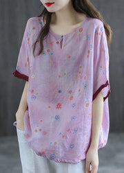 Casual Pink Print Patchwork Summer Linen Shirt Half Sleeve - SooLinen