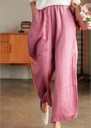 Casual Pink elastic waist Pockets Linen wide leg Pants Spring