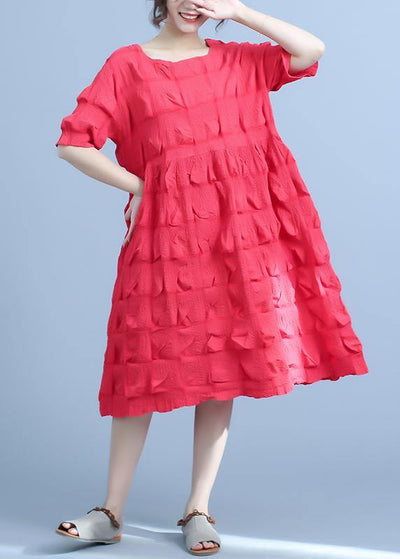 Casual Pleated Loose Unique cotton outfit red Short Sleeve Summer Dress - SooLinen