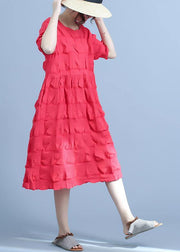 Casual Pleated Loose Unique cotton outfit red Short Sleeve Summer Dress - SooLinen