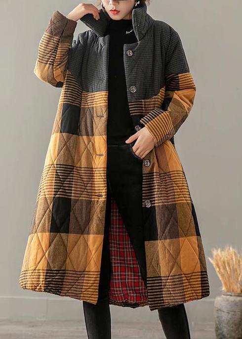 Casual Plus Size Winter Overcoat Yellow Plaid Stand Collar Button Down coats - SooLinen