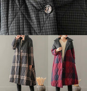 Casual Plus Size Winter Overcoat Yellow Plaid Stand Collar Button Down coats - SooLinen