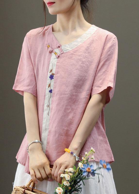 Casual Purple Embroideried Asymmetrical Design Patchwork Summer Linen Blouse Top Short Sleeve - SooLinen