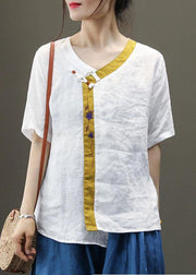 Casual Purple Embroideried Asymmetrical Design Patchwork Summer Linen Blouse Top Short Sleeve - SooLinen