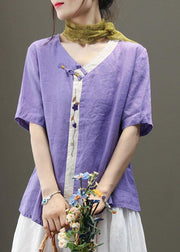 Casual Purple Embroideried Asymmetrical Design Patchwork Summer Linen Blouse Top Short Sleeve - SooLinen