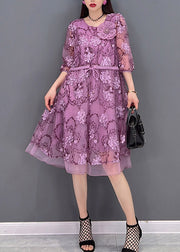 Casual Purple O-Neck Print Tie Waist Tulle Patchwork Chiffon Dresses Three Quarter sleeve