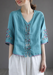 Casual Purple Retro O-Neck Oriental Summer Blouses Half Sleeve - SooLinen