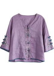 Casual Purple Retro O-Neck Oriental Summer Blouses Half Sleeve - SooLinen