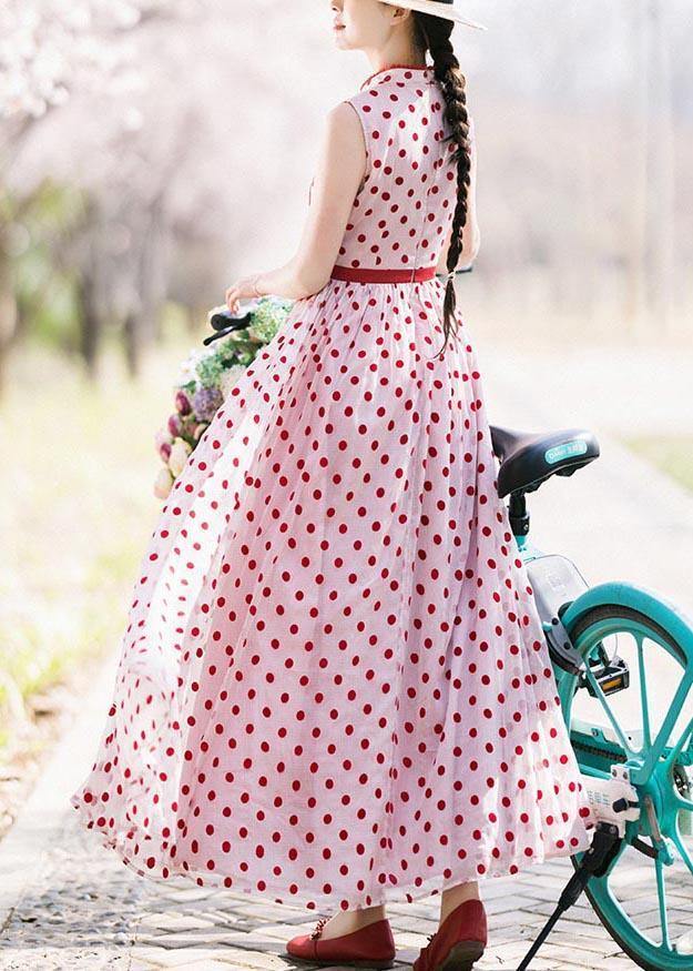 Casual Red Dot Stand Sleeveless Long Summer Chiffon Dress - SooLinen