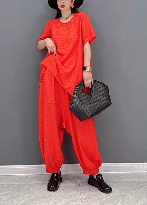 Casual Red Linen Top And Harem Pants Two Pieces Set Summer