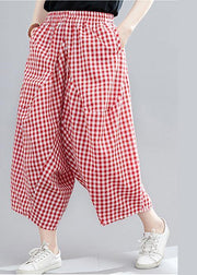 Casual Red Plaid Large Women's Elastic Waist Pants - SooLinen