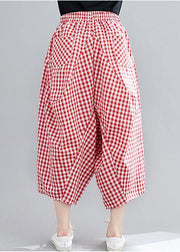 Casual Red Plaid Large Women's Elastic Waist Pants - SooLinen