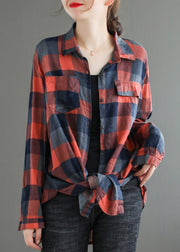 Casual Red Pockets Peter Pan Collar Plaid Button Shirt Long sleeve