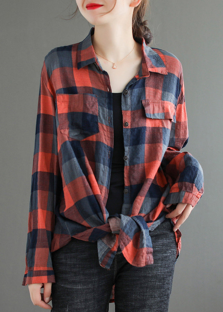 Casual Red Pockets Peter Pan Collar Plaid Button Shirt Long sleeve