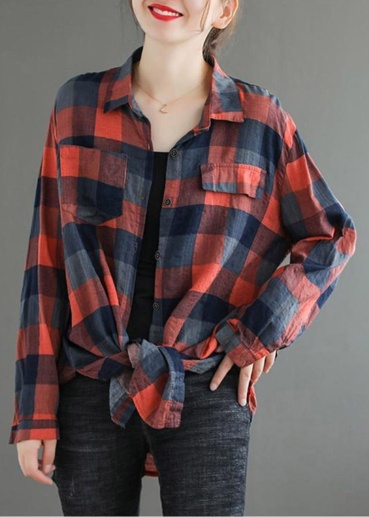 Casual Red Pockets Peter Pan Collar Plaid Button Shirt Long sleeve