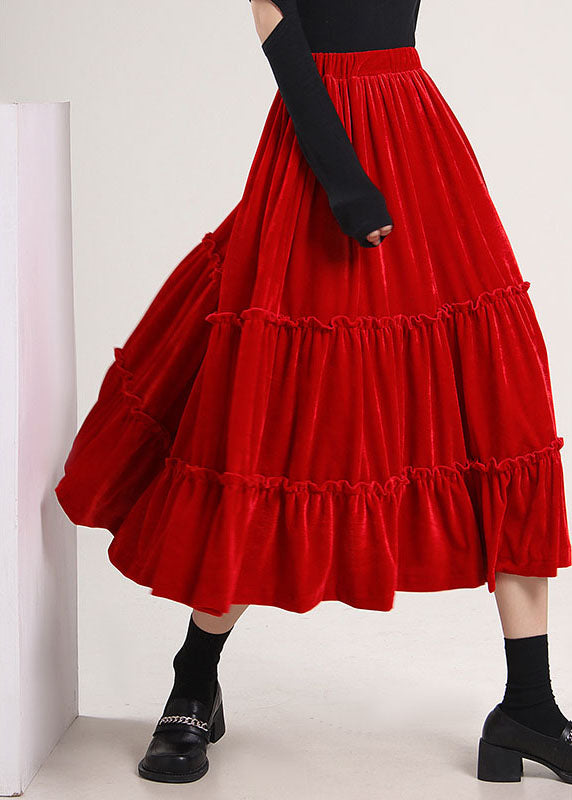 Casual Red Ruffled Patchwork Silk Velour Skirt Spring