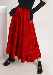 Casual Red Ruffled Patchwork Silk Velour Skirt Spring