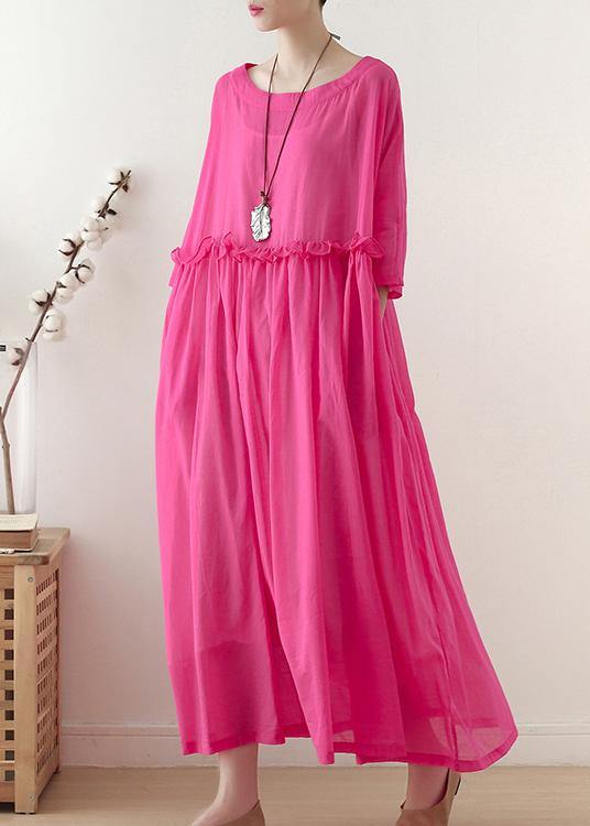 Casual Rose O-Neck Ruffled Long Dress Summer Chiffon Dress - SooLinen