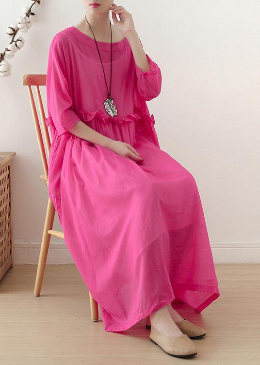 Casual Rose O-Neck Ruffled Long Dress Summer Chiffon Dress - SooLinen