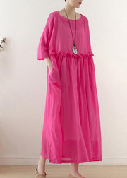 Casual Rose O-Neck Ruffled Long Dress Summer Chiffon Dress - SooLinen