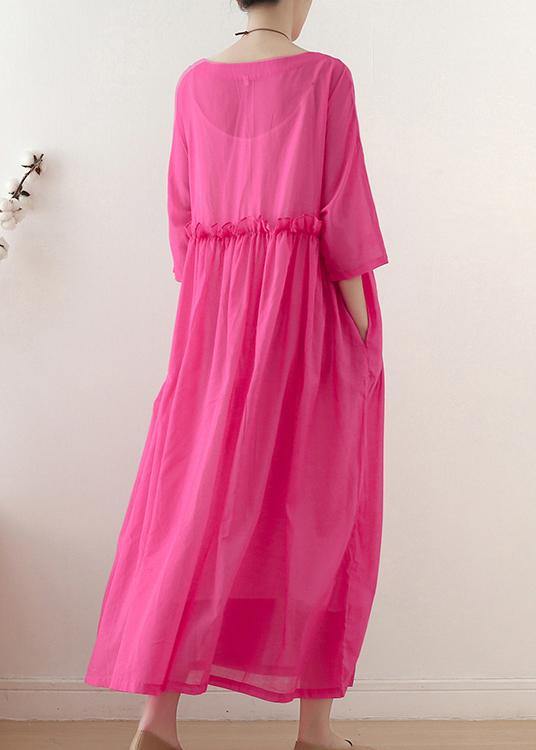 Casual Rose O-Neck Ruffled Long Dress Summer Chiffon Dress - SooLinen